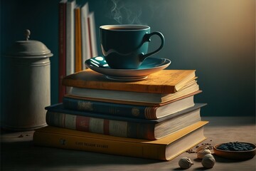  a stack of books with a cup of coffee on top of it and a stack of books next to it with a spoon and a salt shaker on top of them, and a stack of books.