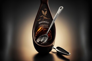  a bottle of whisk and spoon sitting on a table next to a spoon and spoon rest on the bottle of whisk and spoons in the bottle, on a dark background.