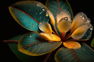  a close up of a flower with water droplets on it's petals and leaves with a black background with a black border around it and a black background with a green border with a red border. Generative AI