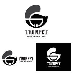 Trumpet logo design, generate melody, musical instrument vector sketch illustration