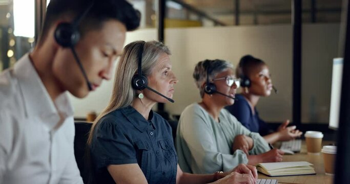 Senior call center consultant, woman and contact us, CRM and talking in customer service, computer at desk. Phone call, telemarketing and diversity, writing in notebook in coworking space and headset