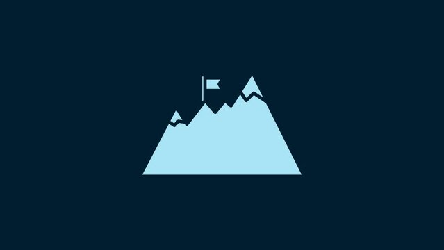 White Mountains with flag on top icon isolated on blue background. Symbol of victory or success concept. Goal achievement. 4K Video motion graphic animation