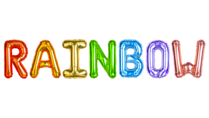 RAINBOW. Word rainbow. Foil helium balloon. Balloons decoration for celebrate Pride or gay and lesbian LGBT, LGBTQ party. English Alphabet Letters. Isolated white background. Isolated white background