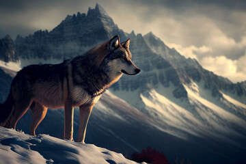 The wolf stood majestically on the top of the snowy mountain With Generative AI