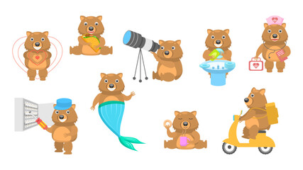 Big Set Abstract Collection Flat Cartoon Different Animal Wombats Vector Design Fauna Wildlife