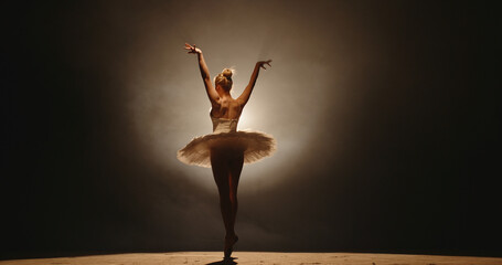 Beautiful caucasian ballerina gracefully dancing and spinning on stage, spotted by white light, isolated on smoked black background  - Powered by Adobe