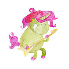 Cartoon fun rock unicorn musician with a guitar. Magical green horse guitarist. Watercolor illustration for kids