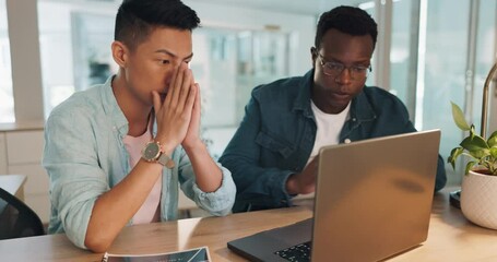 Team, laptop and conversation stress working on tech report, frustrated planning strategy or website glitch error. Frustrated business people, 404 and cloud service crash or web burnout anxiety - Powered by Adobe