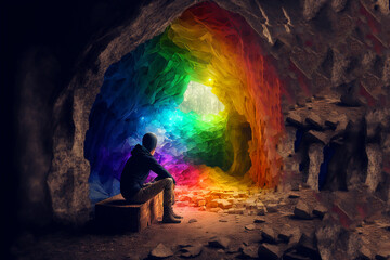 Sitting abandoned in a rainbow crystal cave. Generative AI	