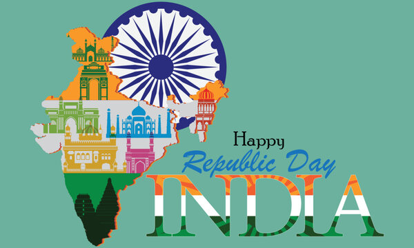 India republic Day celebration with 26th January india text and Ashoka Wheel with india map on tricolor indian flag background. vector illustration design.