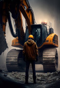 Rear view of the construction worker standing in front of excavator at construction site, photorealistic illustration, dark mood. Generative art
