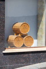 Empty wooden wine barrels on the street