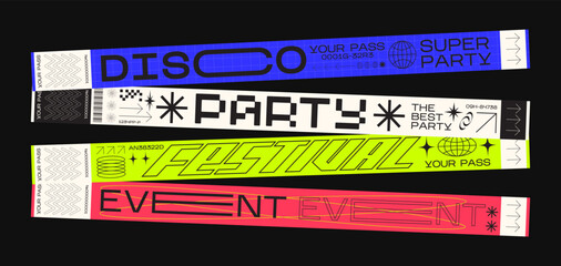 control bracelets for events, disco, festival, fan zone, party, staff. Vector mockup of a festival bracelet in a futuristic style. - obrazy, fototapety, plakaty