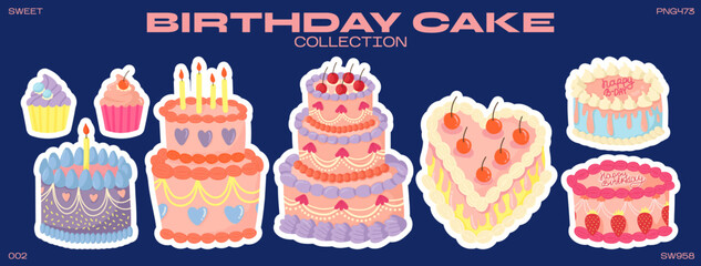 Set of cakes for birthday, holiday. Vector sticker collection of sweet cheesecakes, cupcakes, bento cakes.