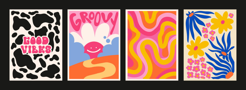 90s groovy posters. Cartoon psychedelic style. Bright hippie characters and retro elements. Trip landscapes with mountains, sun rays, flowers, trip wave. Vector collection