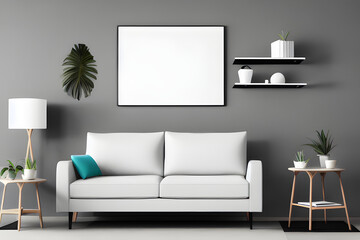 Empty White Mockup Poster in Modern Living Room with Sofa - 3D Illustration, AI