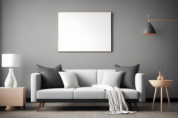 3D Illustration of Modern Living Room Interior with Empty White Mockup Poster Above Sofa, AI