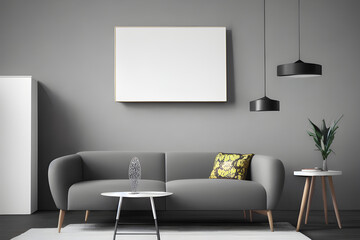 Empty White Mockup Poster in a Contemporary Living Room with Sofa - 3D Illustration, AI