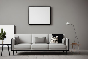 Modern Living Room with Sofa and Empty White Mockup Poster Above - 3D Illustration, AI