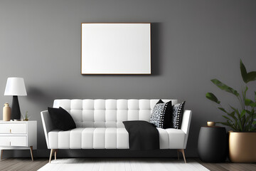 3D Illustration of an Empty White Mockup Poster in a Modern Living Room with Sofa, AI
