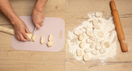Cutting dough with a knife.