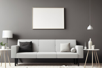 Contemporary Living Room with Sofa and Empty White Mockup Poster - 3D Illustration, AI