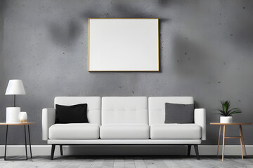 Modern Living Room Interior Design with Empty White Mockup Poster Above Sofa - 3D Illustration, AI