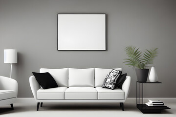 3D Illustration of a Contemporary Living Room with Empty White Mockup Poster Above Sofa, AI