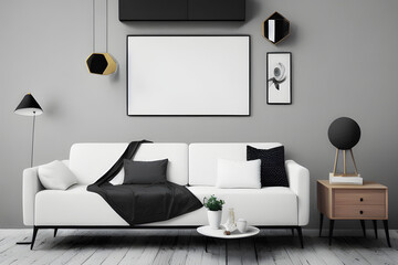 3D Illustration of a Modern Living Room Interior Design with Empty White Mockup Poster Above Sofa, AI