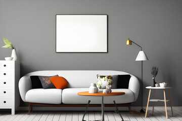 3D Illustration of a Modern Living Room with Empty White Mockup Poster Above Sofa, AI