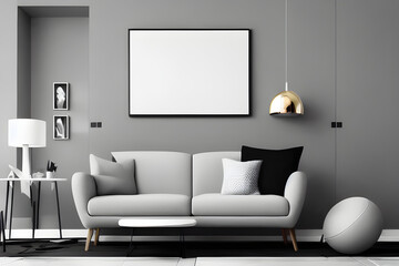 3D Illustration of a Modern Living Room Decor with Empty White Mockup Poster Above Sofa, AI