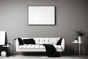 Modern Living Room with Empty White Mockup Poster Above Sofa - 3D Visualization, AI
