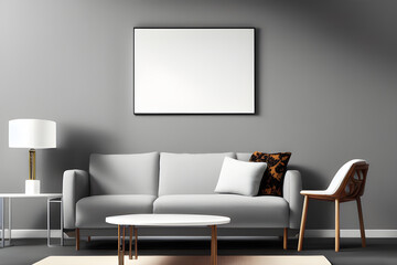 Modern Living Room Interior Design with Empty White Mockup Poster Above Sofa - 3D Render, AI