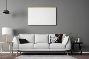 Modern Living Room with Empty White Mockup Poster Above Sofa - 3D Visualization, AI