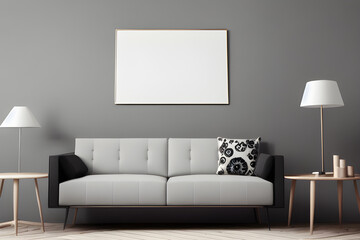 Empty White Mockup Poster Above Sofa in a Modern Living Room Decor - 3D Illustration, AI