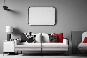 3D Illustration of a Modern Living Room with Empty White Mockup Poster Above Sofa