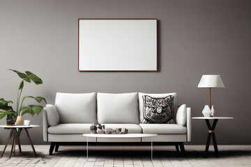 3D Illustration of a Empty White Mockup Poster Above Sofa, AI