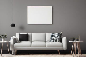 3D Illustration of a Contemporary Living Room with Empty White Mockup Poster Above Sofa
