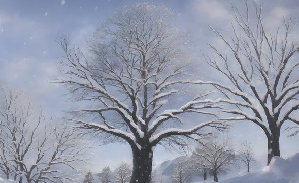 冬の雪が降り積もった木々