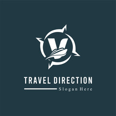 Initial V Letter with Ship Marine and Compass Icon for Travel Guide Navigation Business Logo Idea Template