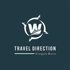 Initial W Letter with Ship Marine and Compass Icon for Travel Guide Navigation Business Logo Idea Template