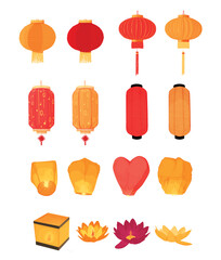 set of Chinese lanterns of different types isolated on white background.