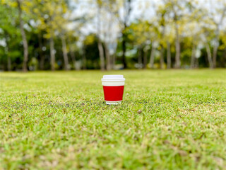 A cup of coffee laid back on the grass blur trees isolated background 
