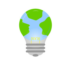 Eco Friendly sign - a burning light bulb and a globe of the earth. Flat style, vector illustration