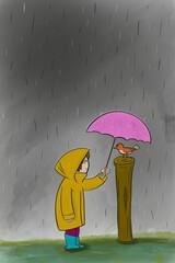 Little girl protects little bird from the rain.Act of kindness