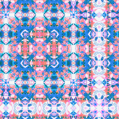 Washed Red Blue blur white vibrant watercolor batik azulejos tile background. Seamless coastal linen effect geometric mosaic effect. Boho Patchwork nautical masculine all over summer fashion repeat.