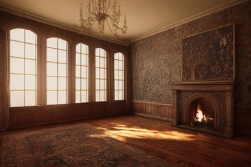 Warm cozy Tudor Interior with Fireplace and Mantle Made with Generative Ai