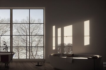 Winter Modern Bathroom Interior with Modern Grid Window Made with Generative Ai