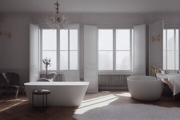 Naklejka na ściany i meble Beautiful Grey Minimal Modern Bathroom Interior with White Soaking Tub Made with Generative Ai