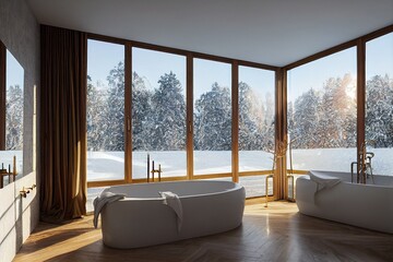 Beautiful Modern Primary Bathroom Interior with Winter Views Made with Generative Ai